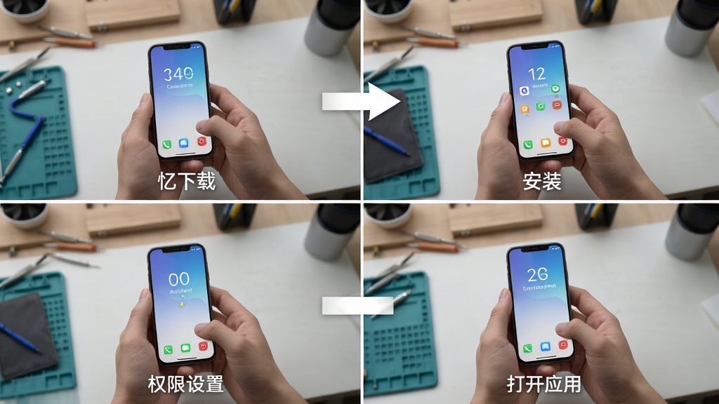 忆见手机安装步骤示意图,画面分为四格,分别展示下载、安装、权限设置、打开应用的过程,背景为简约工作台,配以箭头指示,画质清晰,风格写实