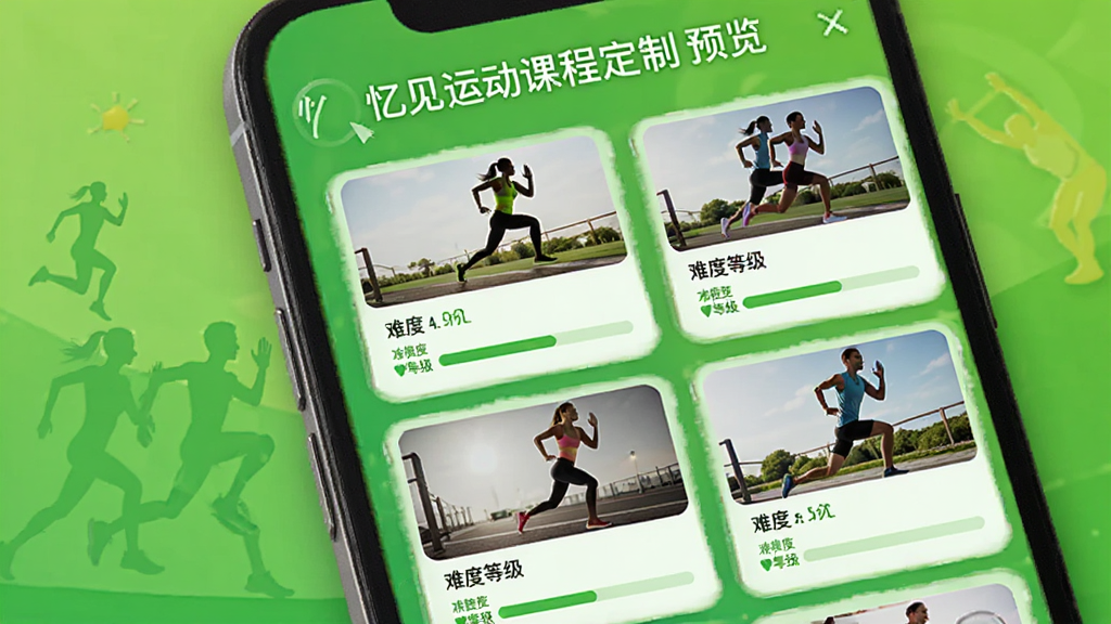 忆见运动课程定制页面预览,手机界面展示课程列表,每个课程卡片配有缩略图与难度等级,背景为绿色活力风格,人物动作剪影与进度条元素,传达积极向上的运动氛围,画质明快,无多余杂物