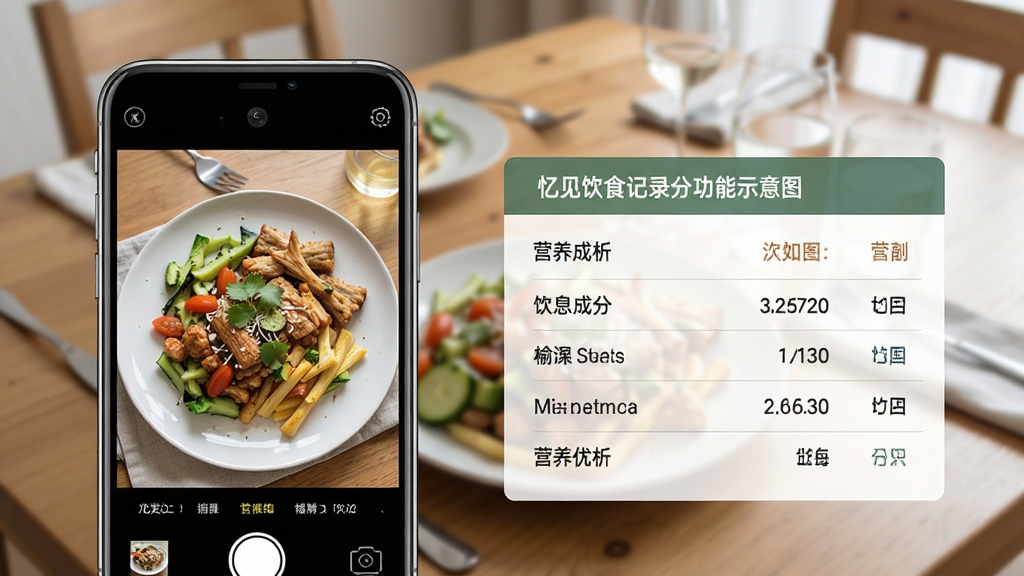 忆见饮食记录分析功能示意图,手机屏幕显示拍摄的食物照片与营养成分分析表格,背景为餐桌场景虚化,突出食物与数据,色彩自然,画质清晰,布局合理