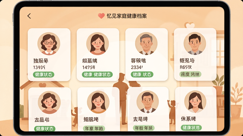 忆见家庭健康档案界面截图,屏幕展示多个家庭成员的头像卡片,每个卡片包含姓名、年龄、健康状态标签,背景为温馨的暖色调,配以家庭剪影插画,传达关爱与陪伴的氛围,画质柔和,界面清晰