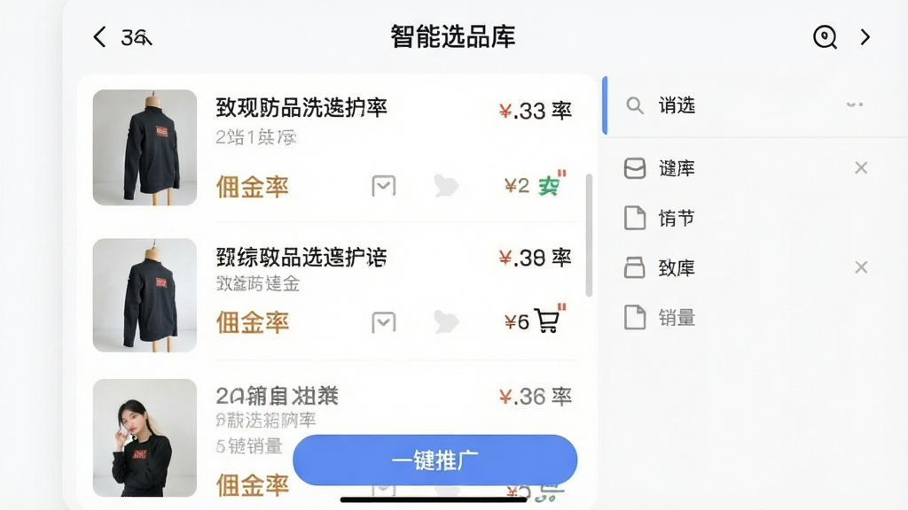 ���壺��������App��ѡƷ�����ͼ�����֣����Ϊ��Ʒ�б����Ҳ�Ϊɸѡ������壬�Ű棺�б�ÿ����ʾ��Ʒ��ͼ�����⡢Ӷ���ʺ�����������ִ���Լ��ϸ�ڣ����涥���С�����ѡƷ�⡱�������ײ��С�һ���ƹ㡱��ť�����ʣ��������ɾ����޶���Ԫ��