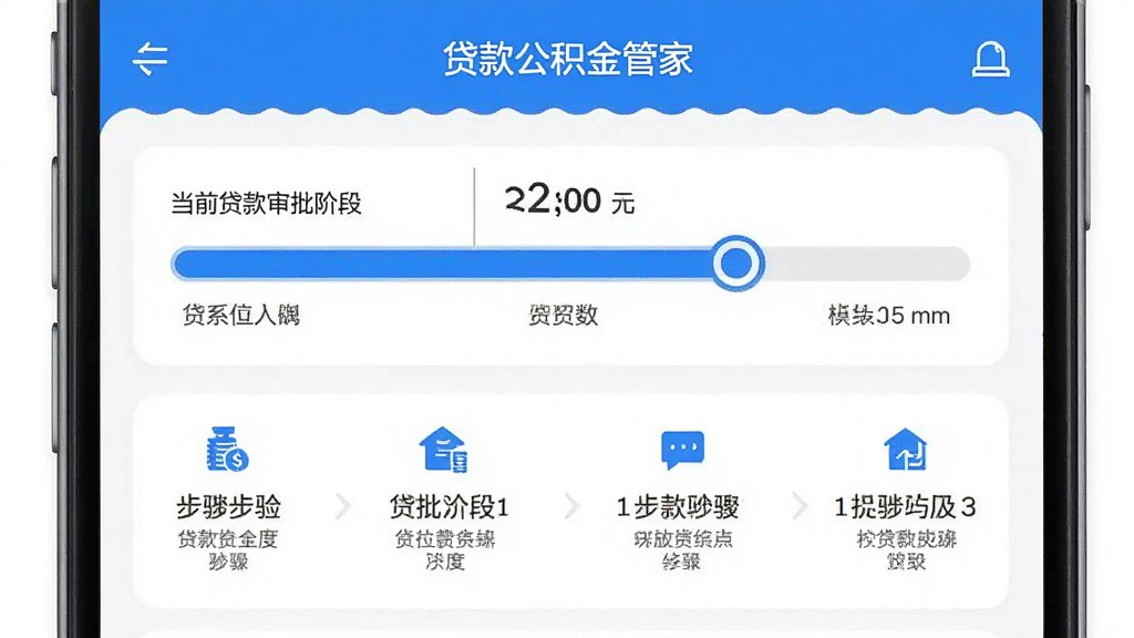 展示个人公积金管家APP的贷款进度查询页面,页面中间有一个进度条,显示当前贷款审批阶段,进度条下方有详细的步骤说明,界面采用蓝色进度条设计,背景为白色,整体风格简洁明了,画质清晰,无多余元素