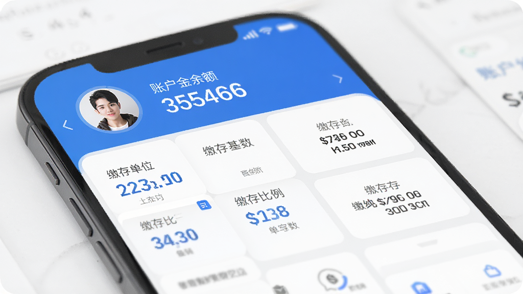 展示个人公积金管家APP的账户详情页面,页面顶部显示用户头像和账户余额数字,下方以列表形式展示缴存单位、缴存基数、缴存比例等详细信息,界面采用卡片式布局,配色以白色和蓝色为主,整体风格商务大气,画质清晰,无多余元素