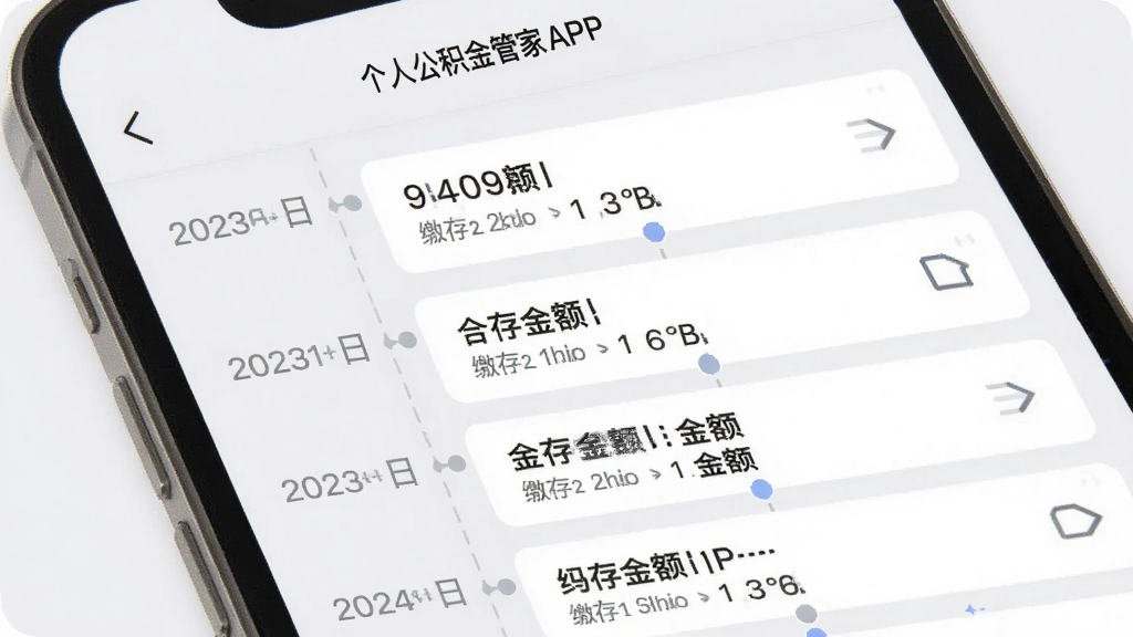 展示个人公积金管家APP的缴存明细列表页面,页面以时间轴形式展示每一笔缴存记录,每条记录包含日期、金额、缴存类型,界面清爽,数据字体清晰,背景为浅灰色,整体风格简约实用,画质干净,无多余元素