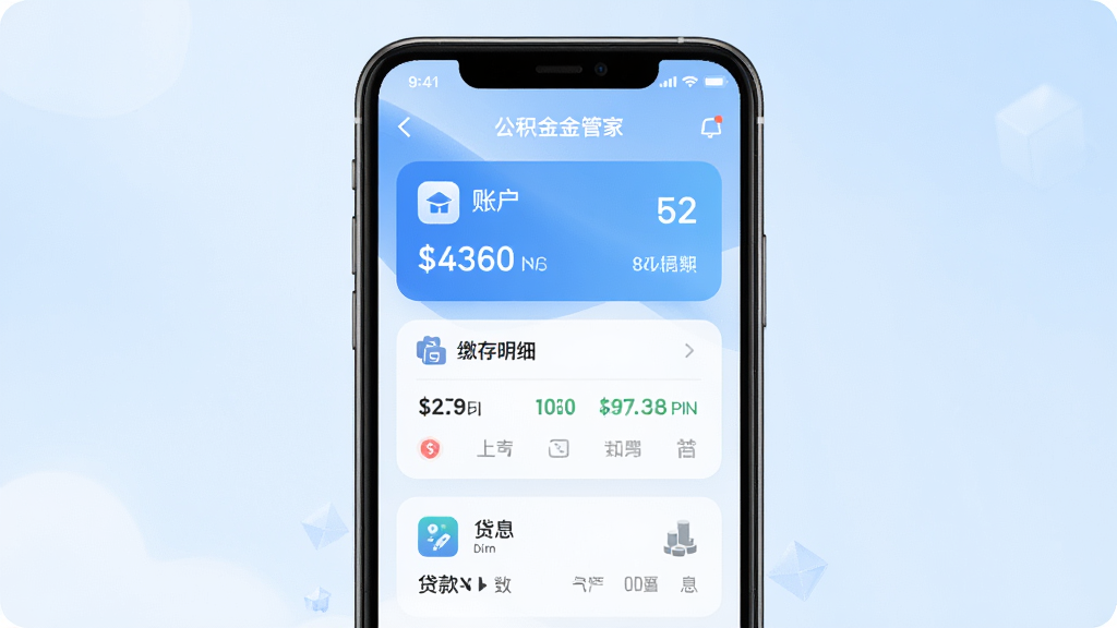展示个人公积金管家APP在手机上的主界面,界面包含账户余额、缴存明细、贷款信息等核心功能卡片,背景为淡蓝色渐变,手机居中摆放,界面设计简洁现代,图标清晰,整体风格清新明亮,画质干净,无多余元素