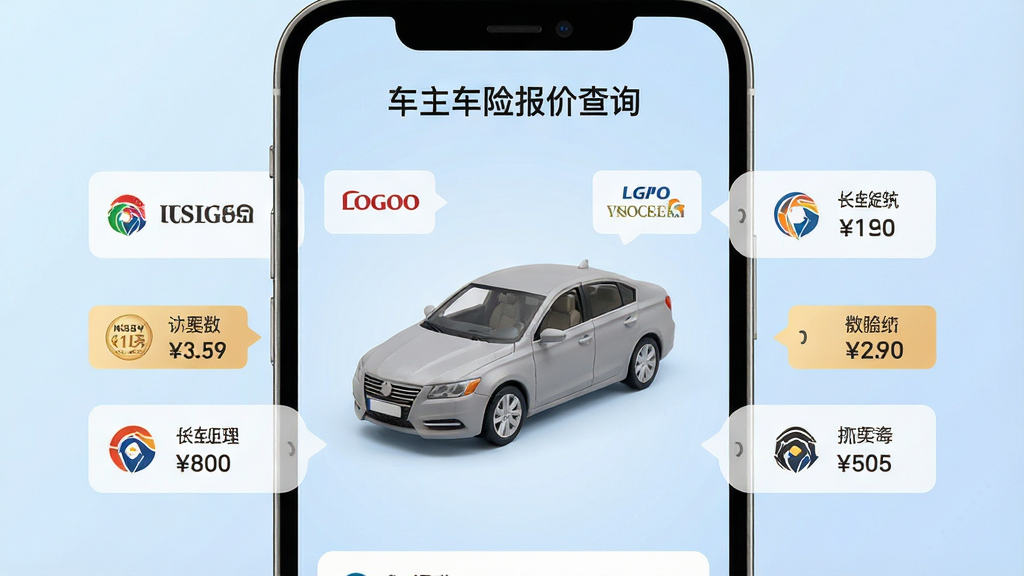 一张现代简约风格的手机应用界面预览图,展示“车主车险报价查询”主页面,屏幕中央显示一辆家用轿车模型,周围环绕着多家保险公司的LOGO与价格对比标签,背景为淡蓝色渐变,布局清晰,排版整洁,风格扁平化,细节丰富,画质高清,干净无多余元素。