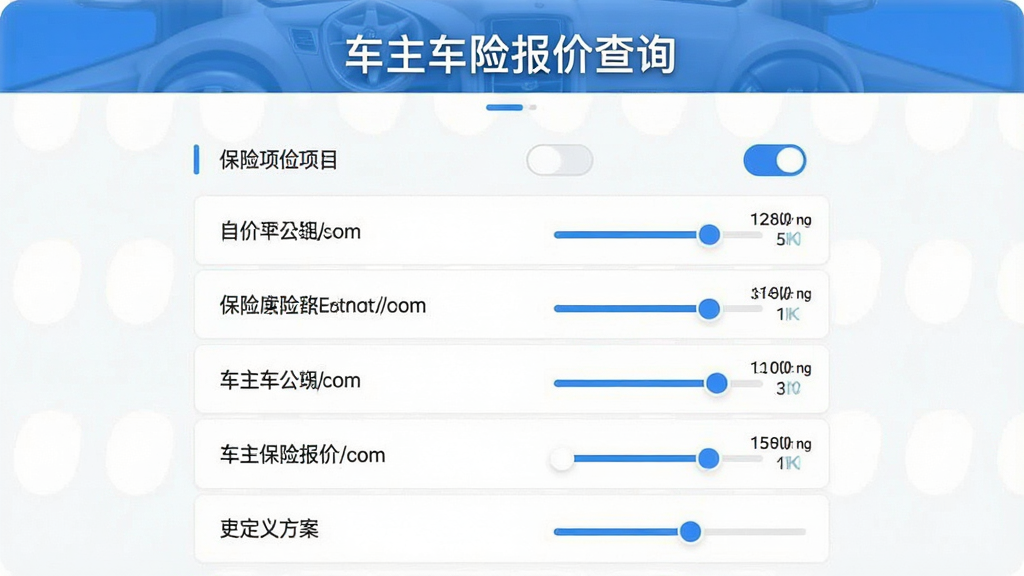 一张展示“车主车险报价查询”自定义保障方案界面的模拟图,画面中央为保险项目开关列表,每个项目旁配有金额调节滑块,背景为白色,整体风格清爽,布局规整,排版简洁,细节突出,画质高清,干净无多余元素。