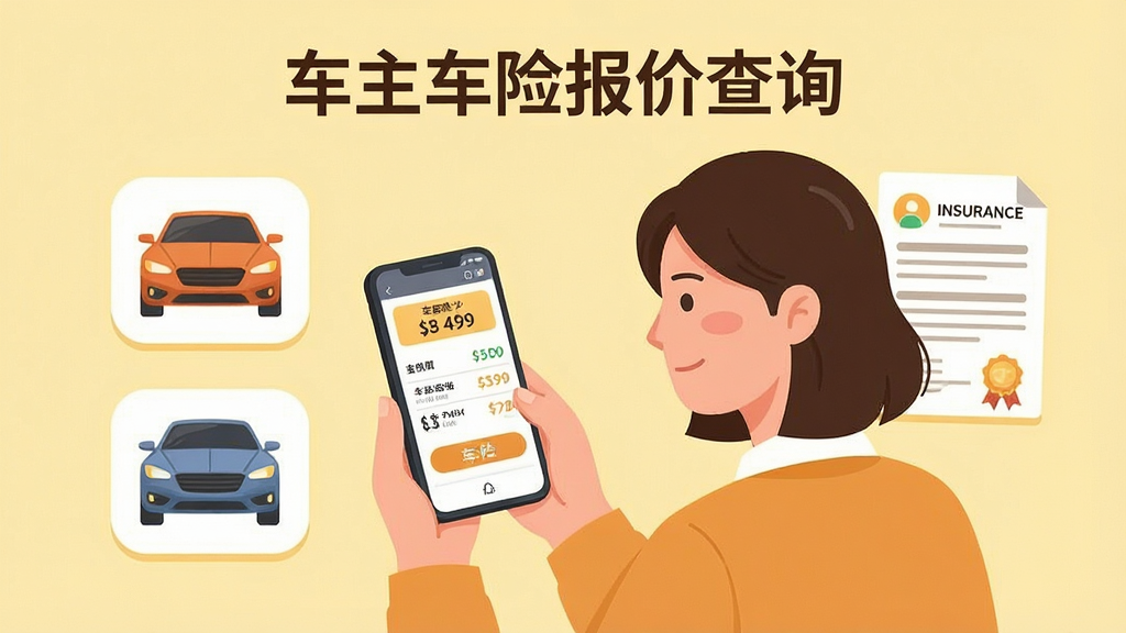 一张展示“车主车险报价查询”使用场景的插画,画面中一位车主手持手机查看车险报价,旁边有车辆和保险单据图标,背景为淡黄色,风格温馨,布局合理,细节丰富,画质干净,无多余元素。