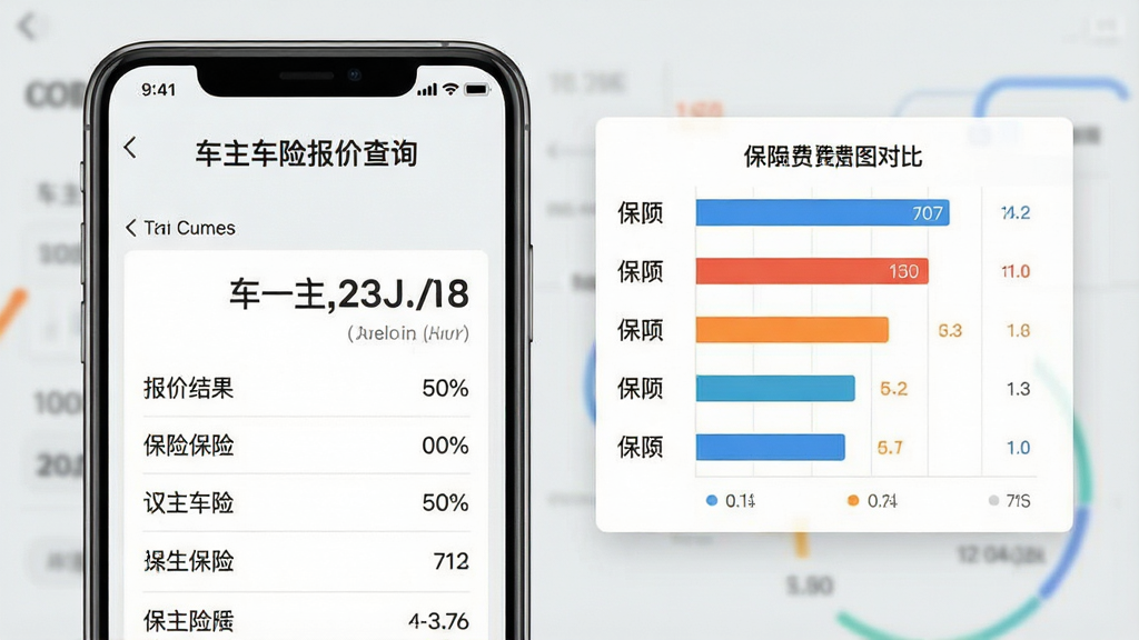 一张手机截图风格的图片,画面左侧显示“车主车险报价查询”的报价结果页面,右侧浮动展示各保险公司的保费柱状图对比,背景为浅灰色,整体布局采用左右分栏式,风格简洁,数据可视化程度高,细节清晰,画质干净,无多余元素。