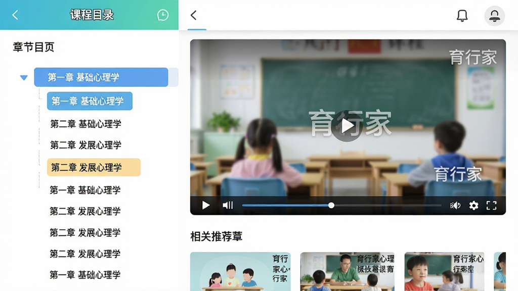 主体:育行家APP课程详情页,展示章节列表与视频播放界面。布局:左侧为课程目录树,右侧为视频播放窗口,下方为相关推荐。排版:信息层级分明,字体清晰,重点章节高亮显示。风格:扁平化设计,色彩清新。细节:视频播放器上有“育行家”水印,目录中显示“第一章 基础心理学”“第二章 发展心理学”等字样。画质:高清,干净,无多余元素。