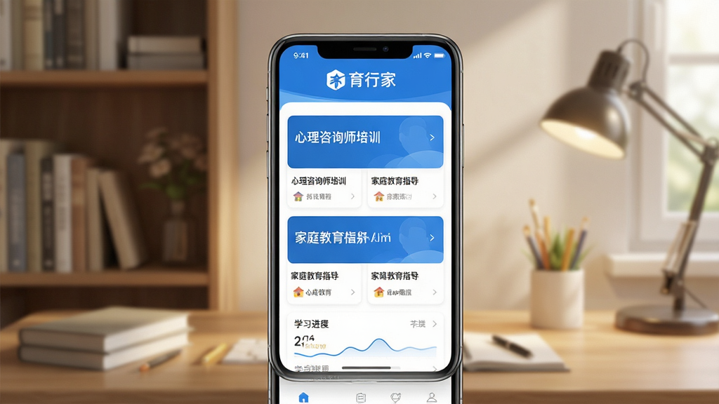 主体:育行家APP界面展示,手机屏幕中显示课程列表与学习进度,背景为温馨书房场景。布局:手机居中,四周留白,顶部有“育行家”品牌Logo与名称。排版:界面简洁清晰,课程卡片整齐排列,色彩以蓝色和白色为主。风格:写实风格,光影自然,画质清晰,干净无多余元素。细节:屏幕内容可辨认为“心理咨询师培训”“家庭教育指导”等字样,整体氛围专业而亲切。