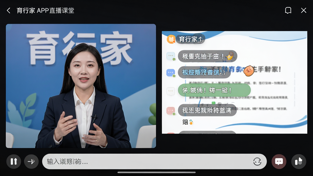 主体:育行家APP直播课堂界面,讲师正在授课,屏幕上有互动弹幕。布局:左侧为讲师视频窗口,右侧为课件展示区,底部为聊天输入框。排版:画面布局均衡,讲师画面清晰,课件文字可读。风格:写实风格,光线柔和。细节:讲师背后有“育行家”背景板,弹幕内容积极正面。画质:高清,无多余元素。
