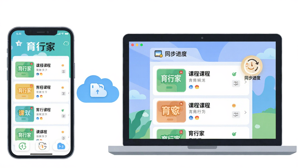 主体:手机与电脑并排显示育行家APP界面,体现跨设备使用。布局:左侧为手机屏幕,右侧为笔记本电脑屏幕,两者通过云朵图标连接。排版:画面清晰,设备比例协调,屏幕上显示课程列表。风格:扁平插画风格,色彩明亮。细节:手机屏幕上有“育行家”Logo,电脑屏幕上显示“同步进度”图标。画质:干净,无多余元素。