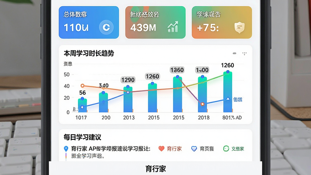 主体:育行家APP学习报告页面,以柱状图和折线图展示学习数据。布局:上方为总体概览卡片,中间为图表区域,下方为每日学习建议。排版:图表色彩鲜艳,数据标签清晰。风格:数据可视化风格,现代感强。细节:图表标题为“本周学习时长趋势”,数据点有具体数值标注,底部有“育行家”字样。画质:干净,无多余元素。