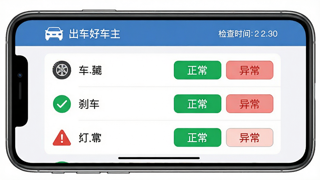 手机横屏展示“出车好车主”检查单界面,主体为列表式勾选项目,包含轮胎、刹车、灯光等图标,每项后面有“正常”与“异常”选项,顶部有车辆型号与检查时间,布局清爽,排版整齐,风格扁平化设计,细节突出绿色对勾与红色警示标识,画质细腻,干净无多余元素