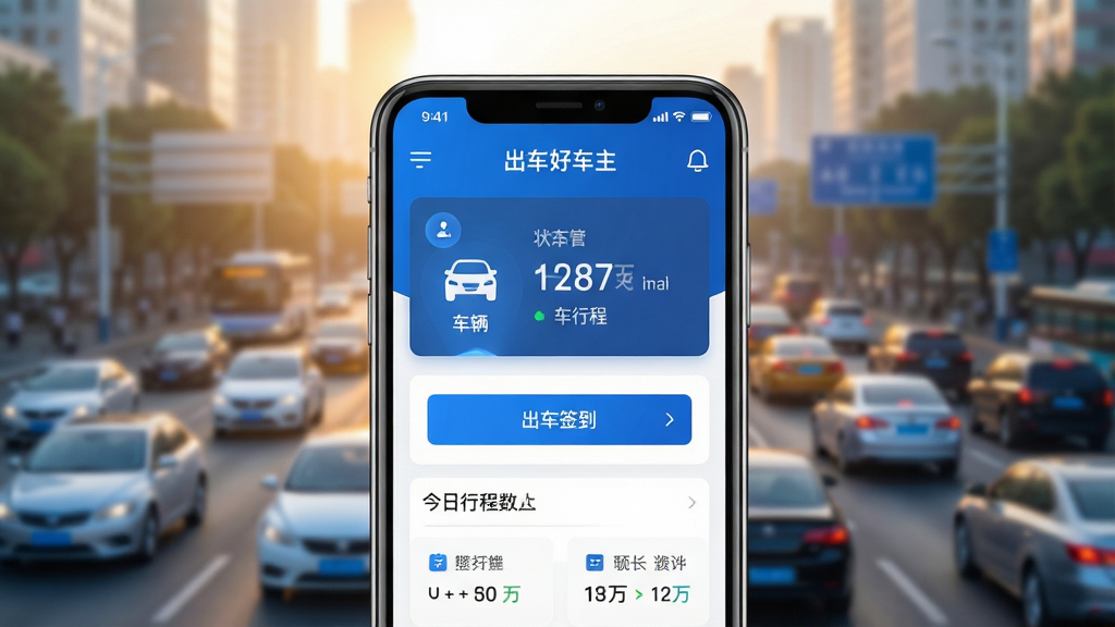 一幅现代科技感的主视觉图,主体为智能手机屏幕展示“出车好车主”应用界面,界面清晰显示车辆状态、出车签到按钮和今日行程数据,背景为模糊处理的繁忙城市交通与晨曦光线,布局采用手机居中、背景虚化的方式,排版简洁大气,风格偏向商务科技蓝白配色,细节包含屏幕内高亮的功能图标与数据卡片,画质高清通透,干净无多余元素