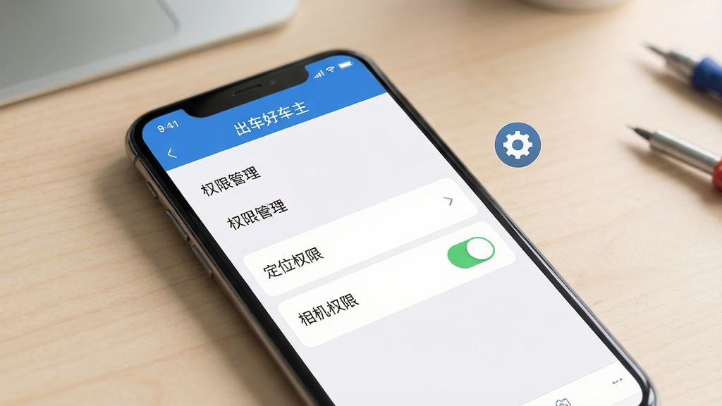 一张手机应用运行维护示意图,主体为手机屏幕显示“出车好车主”设置页面,包含权限管理选项,旁边有小型齿轮图标,背景为柔和的工作台面,布局清晰,排版有序,风格简约实用,细节突出“定位权限”与“相机权限”开关,画质锐利,干净无多余元素