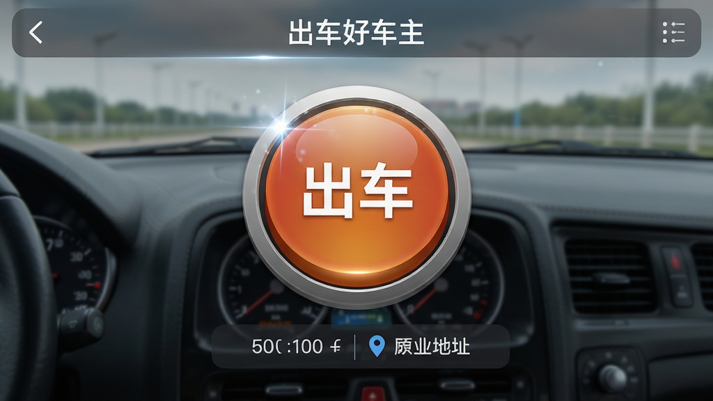 展示“出车好车主”一键出车操作页面,主体为一个大大的圆形“出车”按钮,按钮下方显示当前时间与定位地址,背景为车辆驾驶室视角,布局居中,排版醒目,风格写实结合UI界面,细节包含按钮的立体质感与屏幕反射光效,画质真实,干净无多余元素