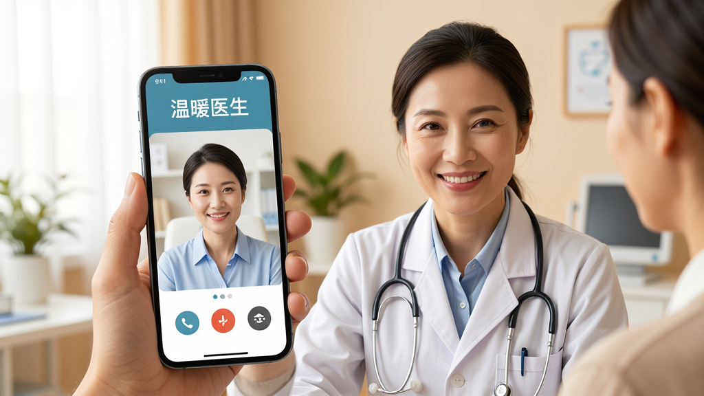 温暖医生是一款专业的视频问诊应用,画面以一位亲切的医生通过手机屏幕与患者进行高清视频通话为场景,医生身着白大褂,面带微笑,背景是整洁的诊室环境,手机屏幕中显示“温暖医生”字样和患者头像,整体布局简洁明亮,采用暖色调,突出温馨、专业、信赖的氛围,画质清晰,干净无多余元素。
