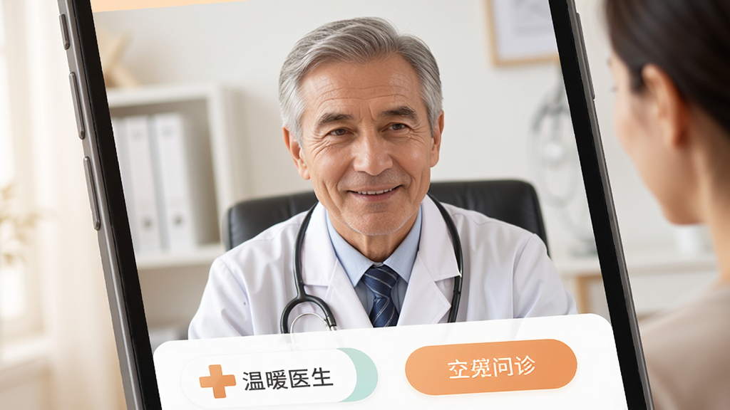 温暖医生APP专家视频问诊界面,手机屏幕中显示一位资深男医生正在与患者视频通话,医生穿着白大褂,表情专注而亲切,画面下方有“温暖医生”的LOGO和功能按钮,界面设计简洁,色彩柔和,突出专业与温暖,画质细腻,干净无多余元素。
