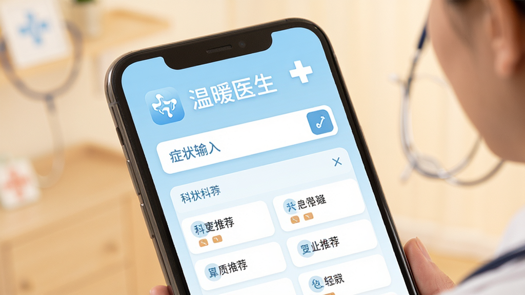 温暖医生智能分诊界面,手机屏幕上显示症状输入框和科室推荐列表,背景为淡蓝色医疗风格,配有“温暖医生”字样,图标清晰,布局整齐,画质干净,无多余元素。