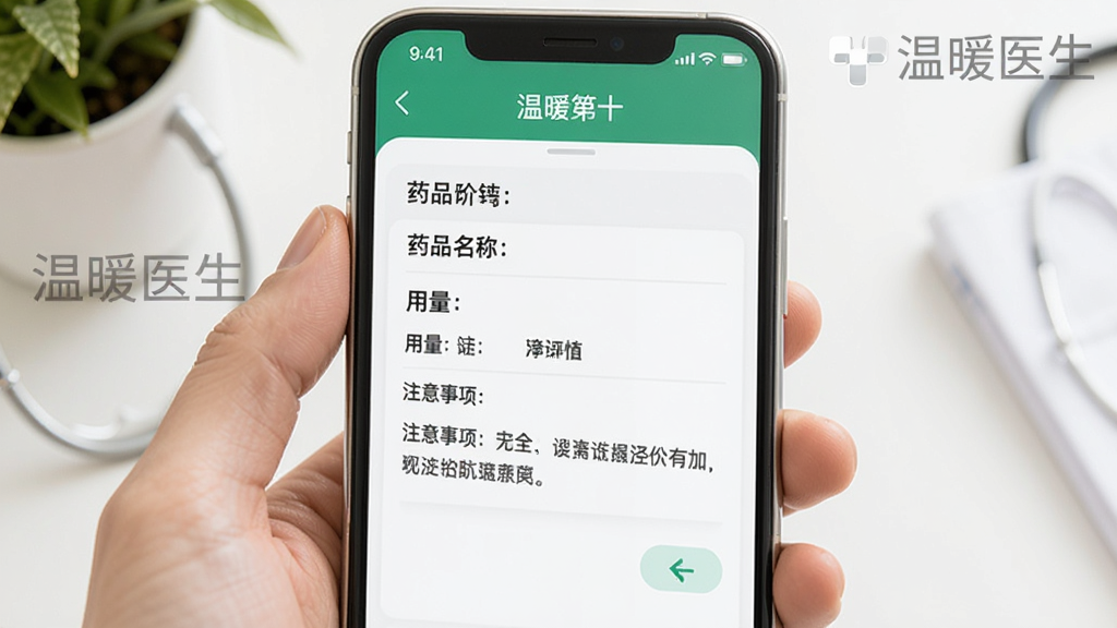 温暖医生处方用药界面,手机屏幕上展示电子处方单,包含药品名称、用量和注意事项,背景为干净的白色搭配绿色点缀,有“温暖医生”水印,图片清晰,布局合理,干净无多余元素。