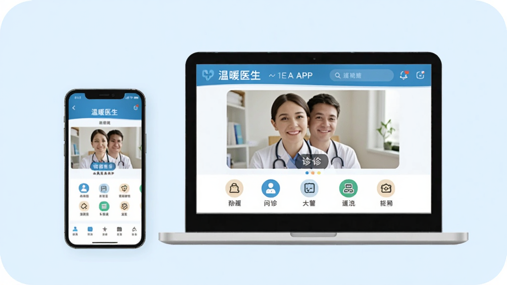 温暖医生使用指南插图,展示手机和电脑同时打开温暖医生APP的界面,屏幕上有视频问诊画面和功能图标,背景为浅蓝色,风格简洁,突出“温暖医生”品牌,画质清晰,干净无多余元素。