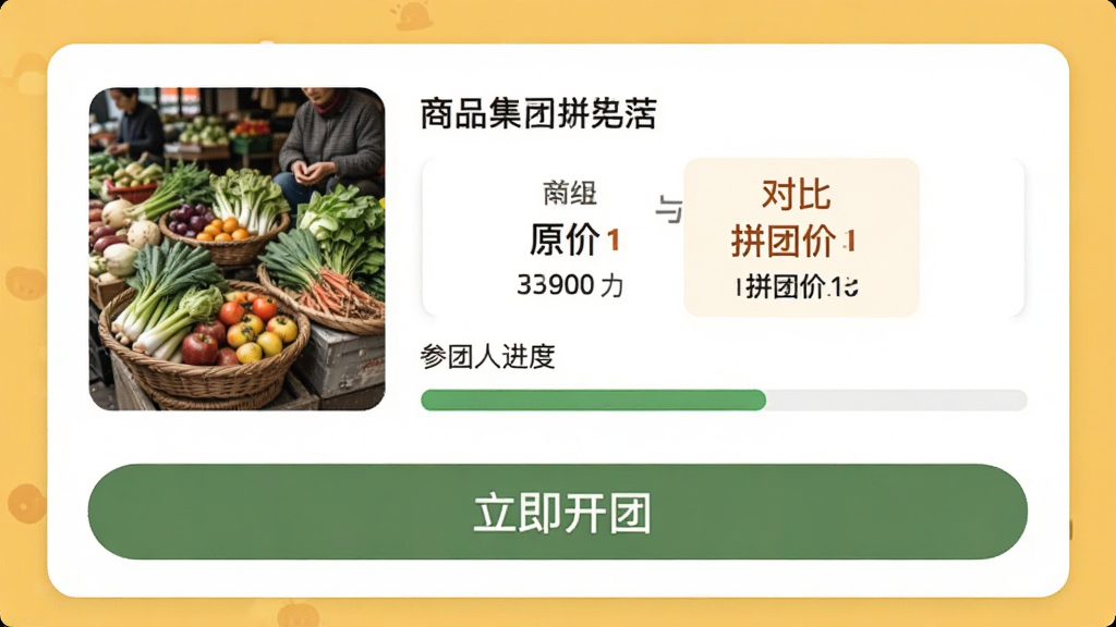 公社集市拼团功能页面截图,展示商品拼团信息,包括商品图片、原价与拼团价对比、参团人数进度条,页面下方有“立即开团”按钮,背景为暖黄色,卡片式布局,温馨亲切,画质清晰,无多余元素