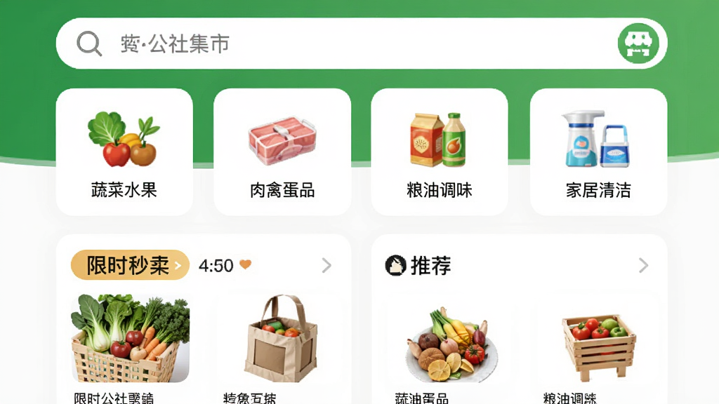 公社集市app主界面预览图,展示首页布局,上方搜索栏,中部为分类图标包括蔬菜水果、肉禽蛋品、粮油调味、家居清洁等,下方为限时秒杀和推荐商品列表,整体风格清新明亮,采用绿色和白色为主色调,扁平化设计,界面干净整洁,画质高清,无多余元素