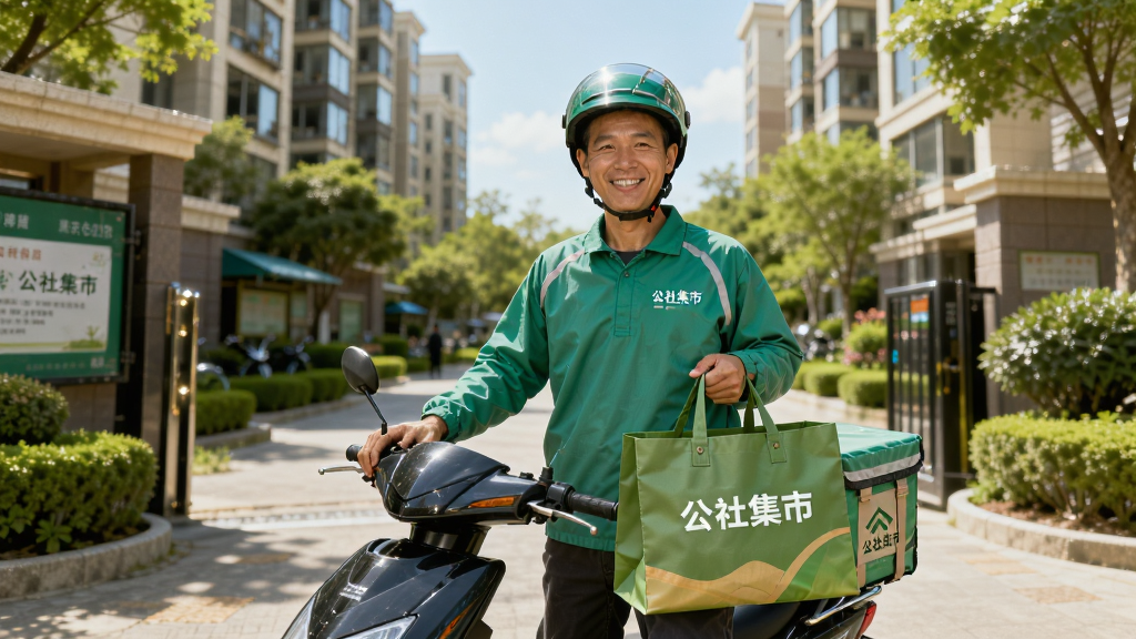 公社集市骑手配送场景图,骑手穿着绿色工作服,手提公社集市包装袋,站在小区门口,面带微笑,背景是居民楼和绿化,阳光明媚,画面明亮,构图自然,画质高清,无多余元素