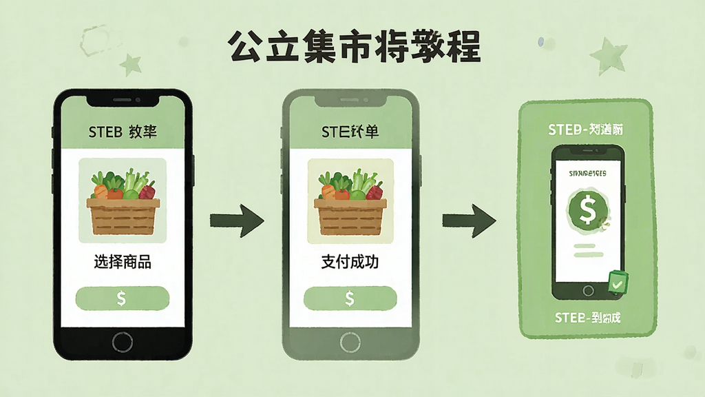 公社集市使用教程插画,展示手机端下单流程,从选择商品到支付成功,用步骤图形式呈现,背景为淡绿色,简洁明了,画质清晰,无多余元素