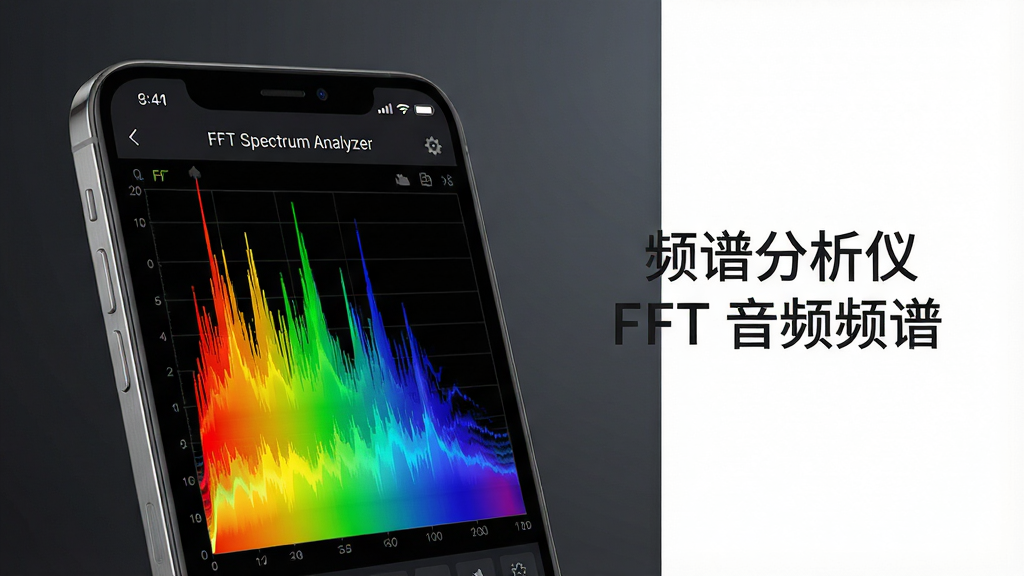 主体:一部智能手机屏幕正展示“频谱分析仪 FFT 音频频谱”软件的运行界面,屏幕中央显示彩色频谱瀑布图,动态起伏的柱状线条从左至右排列。布局:手机位于画面中心偏左,右侧留白并配以简洁文字“频谱分析仪 FFT 音频频谱”。排版:手机屏幕内容清晰可辨,频谱图色彩斑斓,背景为深灰色渐变,营造科技氛围。风格:写实与科技感结合,光影效果真实,细节丰富。细节:频谱图以红、黄、绿、蓝渐变显示,屏幕上方有“FFT Spectrum Analyzer”字样,手机边缘有金属质感。画质:高清渲染,干净,无多余元素。