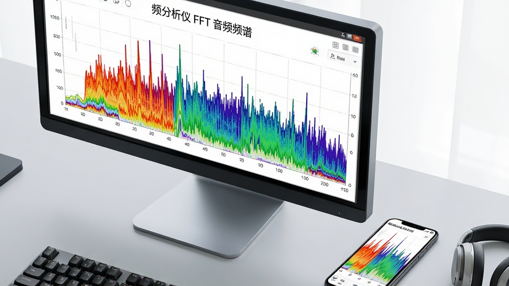 主体:电脑显示器与手机并排,屏幕中均显示相同的“频谱分析仪 FFT 音频频谱”频谱界面,彩色频谱柱状图起伏。布局:显示器与手机呈对角线排列,画面整洁,背景为浅灰色工作台。排版:显示器屏幕占据画面主体,手机屏幕位于右下角,两者屏幕内容清晰可见。风格:现代简约,明亮通透。细节:频谱图色彩鲜艳,显示器下方有键盘一角,手机旁放有耳机。画质:高清晰度,干净无杂物。