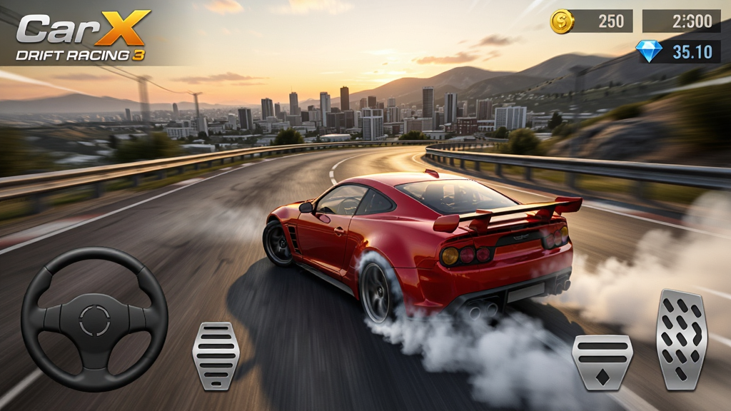 CarX Drift Racing 3游戏主界面截图,一辆红色改装跑车在夕阳下的山道弯道中侧滑漂移,轮胎扬起白色烟雾,画面背景是开阔的开放世界城市与山脉,前景有速度感动态模糊效果,界面UI简洁,左下角显示虚拟方向盘与油门刹车踏板,右上角显示金币与钻石数量,整体风格写实,画质高清,光线自然,构图以赛车为中心,突出漂移姿态与速度感,干净无多余元素