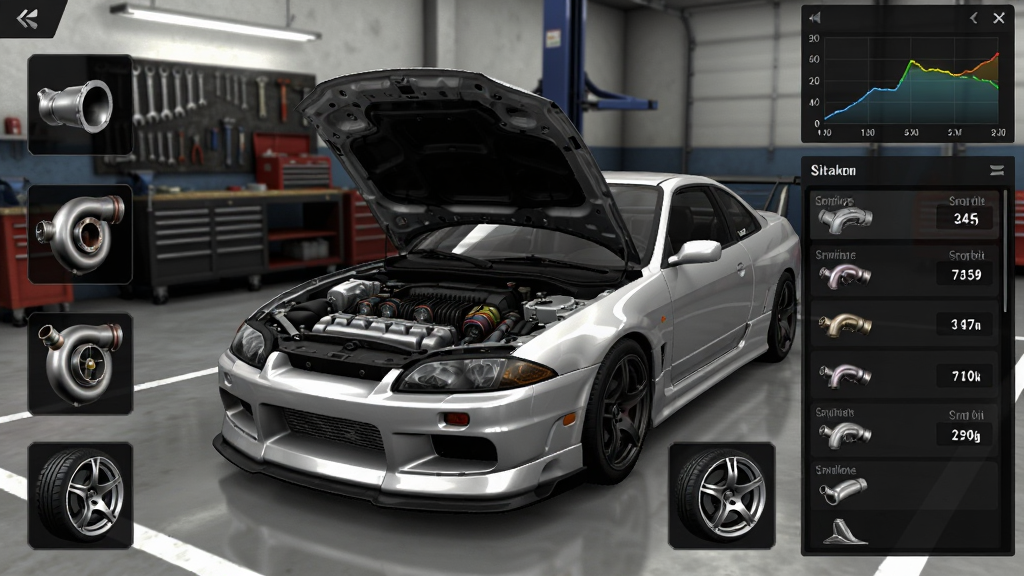 CarX Drift Racing 3车辆改装界面特写,画面中央是一台银色日产Silvia S15,引擎盖打开露出机械结构,周围环绕着各种改装零件图标,如进气口、涡轮增压器、轮胎轮毂,背景是改装车间环境,有工具墙与升降机,界面UI采用深色主题,零件列表排列整齐,右上角显示车辆性能参数曲线,整体风格写实细致,画质精细,干净无多余元素