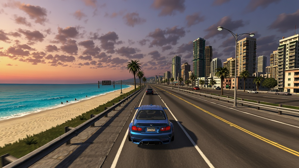 CarX Drift Racing 3开放世界地图全景,一辆蓝色改装宝马M3行驶在滨海公路上,左侧是湛蓝大海与沙滩,右侧是繁华城市高楼,天空呈现黄昏橙色与紫色渐变,云层细节丰富,道路标线清晰,路边有棕榈树与路灯,画面构图宽广,展示地图规模与美景,风格写实,画质高清,光线柔和,干净无多余元素