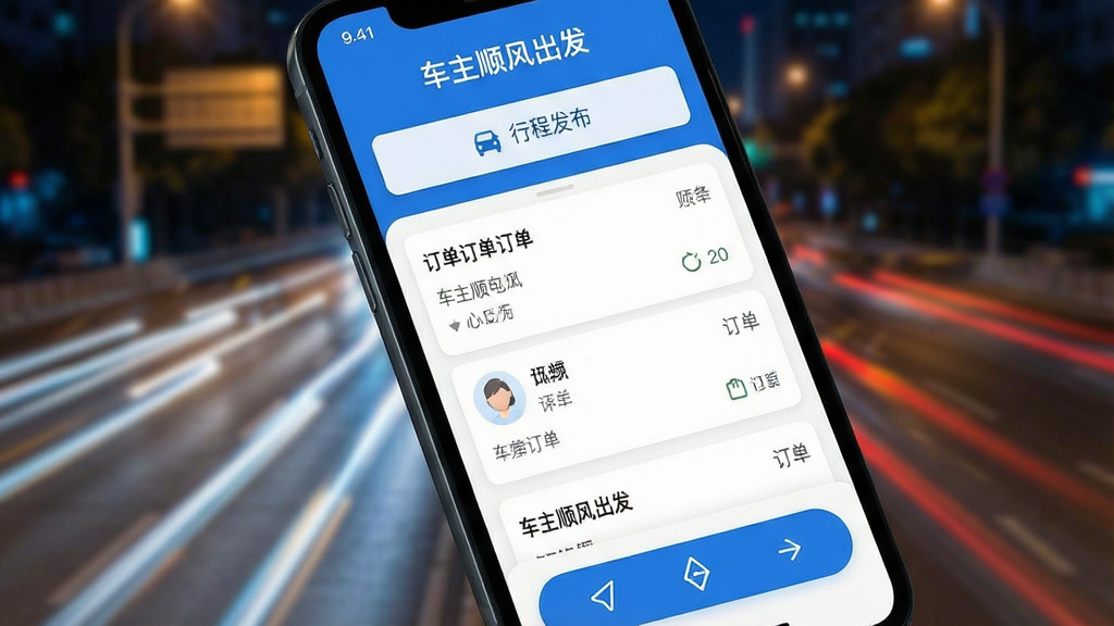 һ���ֻ���Ļ��д����Ļ����ʾ������˳�������APP�����棬���沼���������Ϸ�Ϊ�г̷�����ڣ��м�Ϊ�����б����·�Ϊ������ť������Ϊģ���ĳ��е�·ҹ���������ƹ��γɹ�졣�������ִ���Լ��ɫ������ɫ�Ͱ�ɫΪ�������ʸ��壬�ɾ��޶���Ԫ�ء�