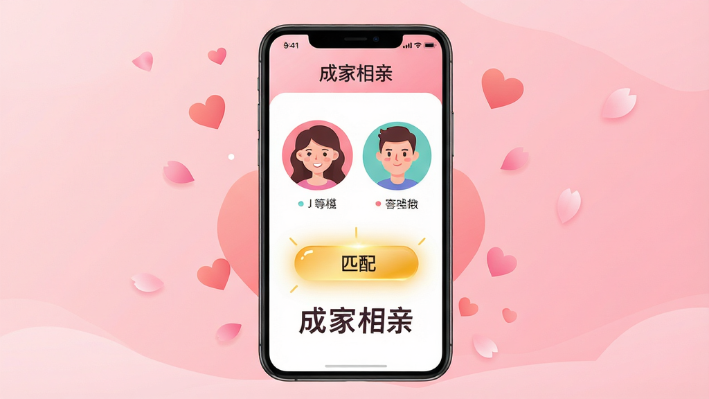 ���壺һ��������Ļ�������ֻ�����Ļ��չʾ���ɼ����ס�APP�Ľ��棬����������Ů�û���ͷ���ƥ��ɹ�����ʾ�����֣��ֻ�λ�ڻ������룬����Ϊ��͵ķ�ɫ���䣬��Χ��׺�Ű��ĺͻ���ͼ�����Ű棺�ֻ���Ļ���������ɶ����·��С��ɼ����ס�����������ִ���ƽ�廭�磬ɫ��������ܰ��ϸ�ڣ���Ļ�ϵ��û�ͷ�����΢Ц��ƥ�䰴ť������ɫ��â�����ʣ����壬�ɾ����޶���Ԫ�ء�