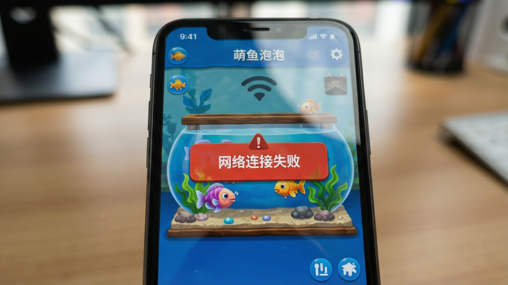 主体:一张手机屏幕的特写,屏幕上正在运行“萌鱼泡泡”游戏,画面显示一个鱼缸管理界面,有一个红色的错误提示弹窗,弹窗文字为“网络连接失败”。布局:手机位于画面中央,背景是虚化的书桌。排版:弹窗信息醒目。风格:写实摄影风格。细节:屏幕反光自然,弹窗细节清晰。画质:4K清晰,干净,无多余元素。