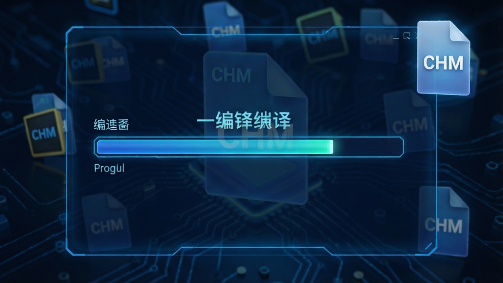 CHM制作精灵一键编译过程示意图,界面显示编译进度条,背景有CHM文件图标,风格科技感,蓝色调,画质干净,无多余元素