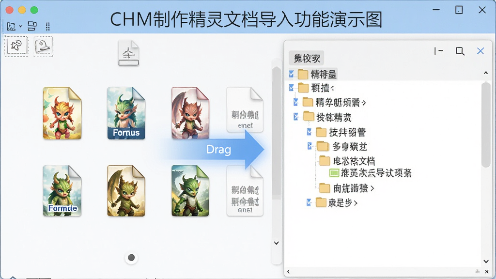 CHM制作精灵文档导入功能演示图,界面显示多种格式文件拖拽到软件窗口,自动生成目录树,风格简洁明亮,突出多格式支持,画质清晰,无多余元素
