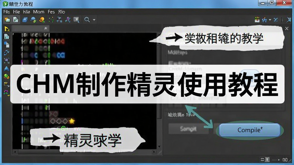 CHM制作精灵使用教程截图,显示软件主界面和编译按钮,风格教学化,标注清晰,画质干净,无多余元素