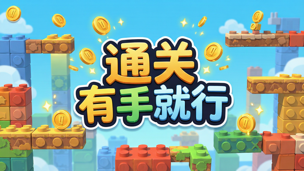 游戏主界面预览图,展示色彩明快的卡通风格关卡地图,主体为游戏LOGO“通关有手就行”居中放置,背景是错落有致的立体积木平台与金币特效,布局饱满,排版清晰,采用扁平化UI设计,细节丰富,画质高清,干净整洁无多余元素。