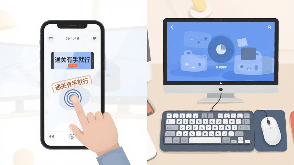 操作教程预览图,展示手机与电脑两种设备操作对比,左侧为手机触摸手势,右侧为鼠标键盘示意,主体为“通关有手就行”操作说明图,布局清晰,排版规整,采用扁平化插画风格,画质干净,无多余元素。