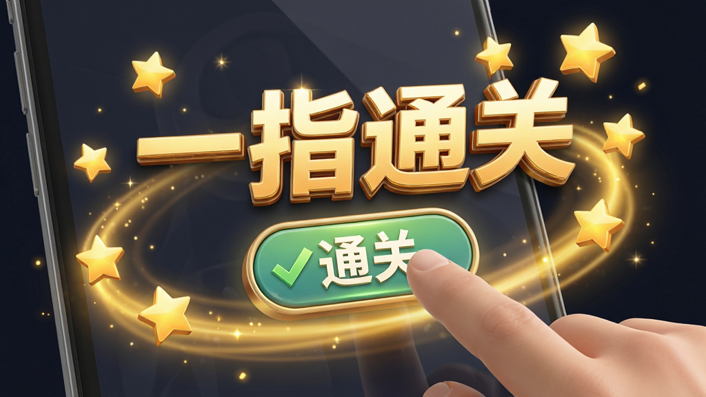 功能预览图,画面中央显示一只手指正在点击屏幕上的“通关”按钮,四周环绕着金色光效和上升的星星图标,主体突出“一指通关”概念,布局简洁,排版直观,采用3D渲染风格,细节精致,画质清晰,干净无多余元素。