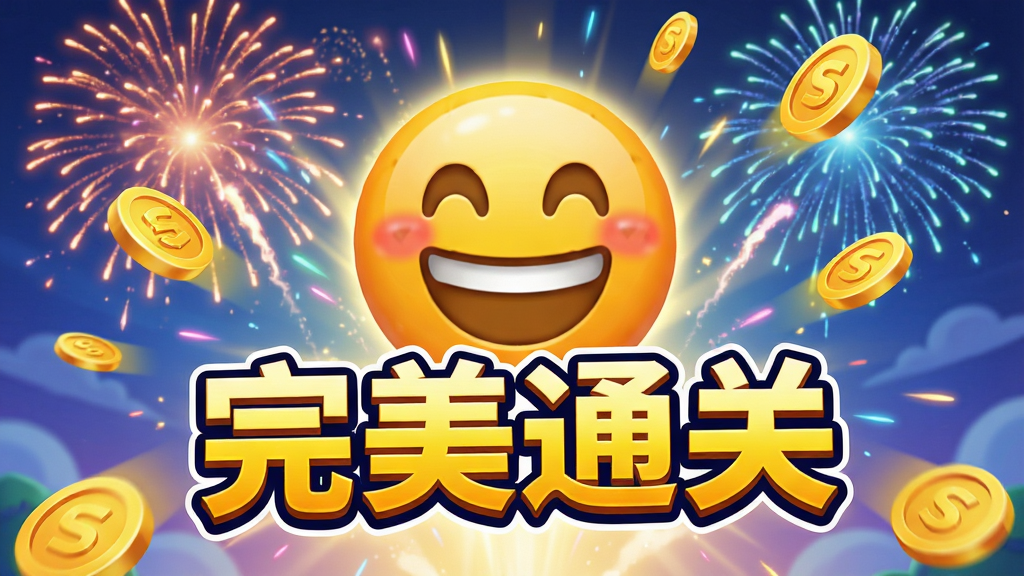 解压特效预览图,展示游戏中通关时烟花绽放、金币飞溅的庆祝画面,主体为笑脸表情符号和“完美通关”字样,布局充满活力,排版动感,采用卡通渲染风格,色彩鲜艳,画质细腻,干净无多余元素。