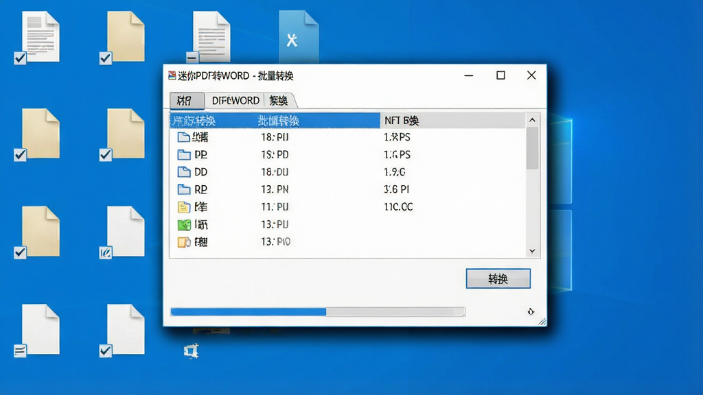 ���壺����PDFתWORD����������Windows�����ϣ��������������֣����汳��Ϊ��ɫ���������ھ�����ʾ����Χ���ļ�ͼ�ꡣ�Ű棺������������ʾ�ļ��б���ת����ť�����ڱ�Ե����ӰЧ�������дʵ���Windows 10���棬�������Ͻ�����С������󻯡��رհ�ť��ϸ�ڣ����ڱ�������ʾ������PDFתWORD - ����ת�������ײ��н����������ʣ����壬�ɾ����޶���Ԫ�ء�