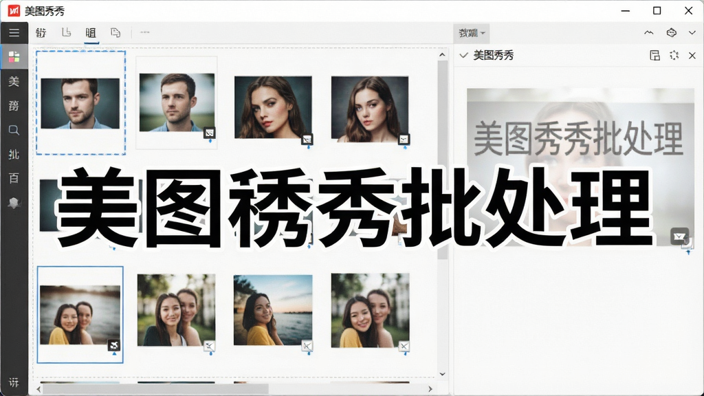一张展示电脑端美图秀秀批处理软件操作界面的截图,界面中选中多张图片,右侧预览区显示水印效果,整体风格明亮,突出“美图秀秀批处理”字样,画质清晰,无多余元素