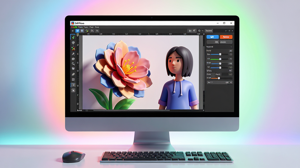 ���壺һ̨������I3d Photo�����ĵ�����Ļ����Ļ����ʾ�����ڱ༭��3D��Ƭ���棬������������м�ǿ�Ļ����������֣���Ļ���У���Χ����͵Ľ�����Σ��·��ڷ������ͼ��̣��Ű棺����ɾ�������ͻ�����������������ɼ�����������ʾ��I3d Photo������񣺿Ƽ��С��ִ��У�ɫ���������߱��Ͷȣ�ϸ�ڣ������ϵİ�ť�ͻ��������ɱ棬��Ƭ��3DЧ�����ԣ��в����Ӱ�����ʣ�8K�����壬�ɾ����޶���Ԫ��