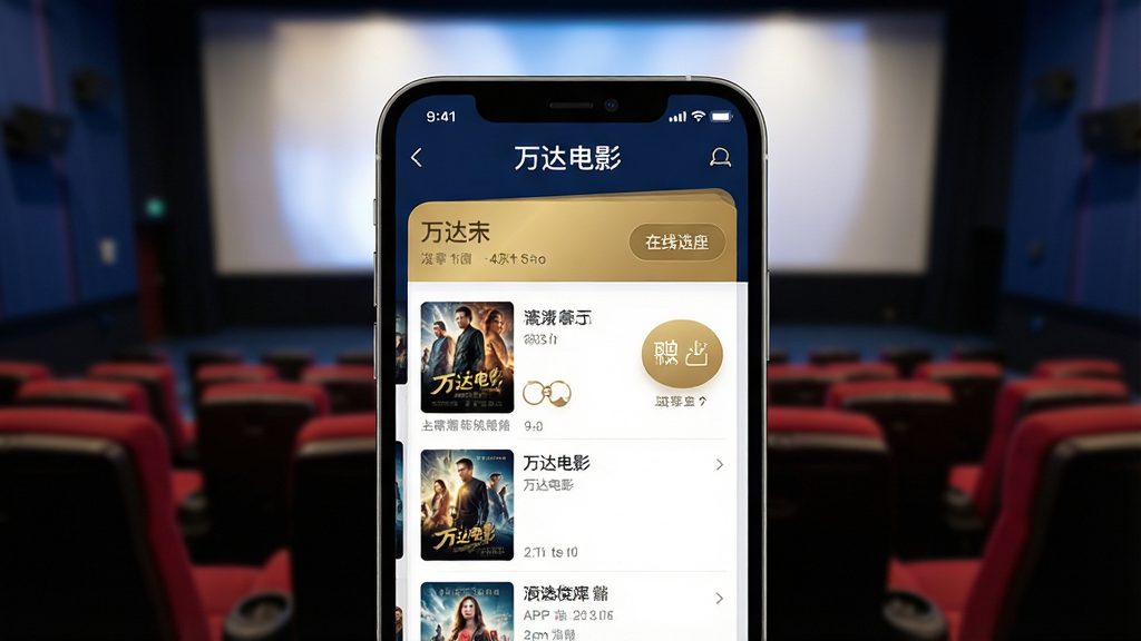 一张现代简约风格的智能手机屏幕特写,屏幕中央清晰显示“万达电影”APP的购票主界面,背景是模糊的电影院座位与银幕光影,界面布局清晰,包含电影海报列表和在线选座按钮,整体色调以深蓝和金色为主,突出科技感与专业感,排版干净整洁,画质高清,细节丰富,无多余元素